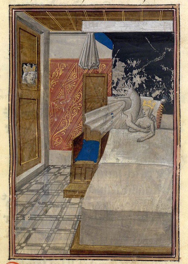 Concepción de Alejandro Magno, Ilustración en la traducción de la obra Historiae Alexandri Magni de Quintus Curtius Rufus, hacia 1468-1475 en Brujas 